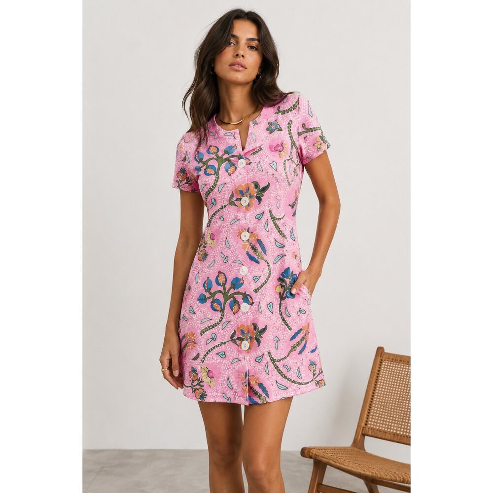 Smith & Quinn Pink Floral Mod Mini Dress Stretch Short Sleeve Small